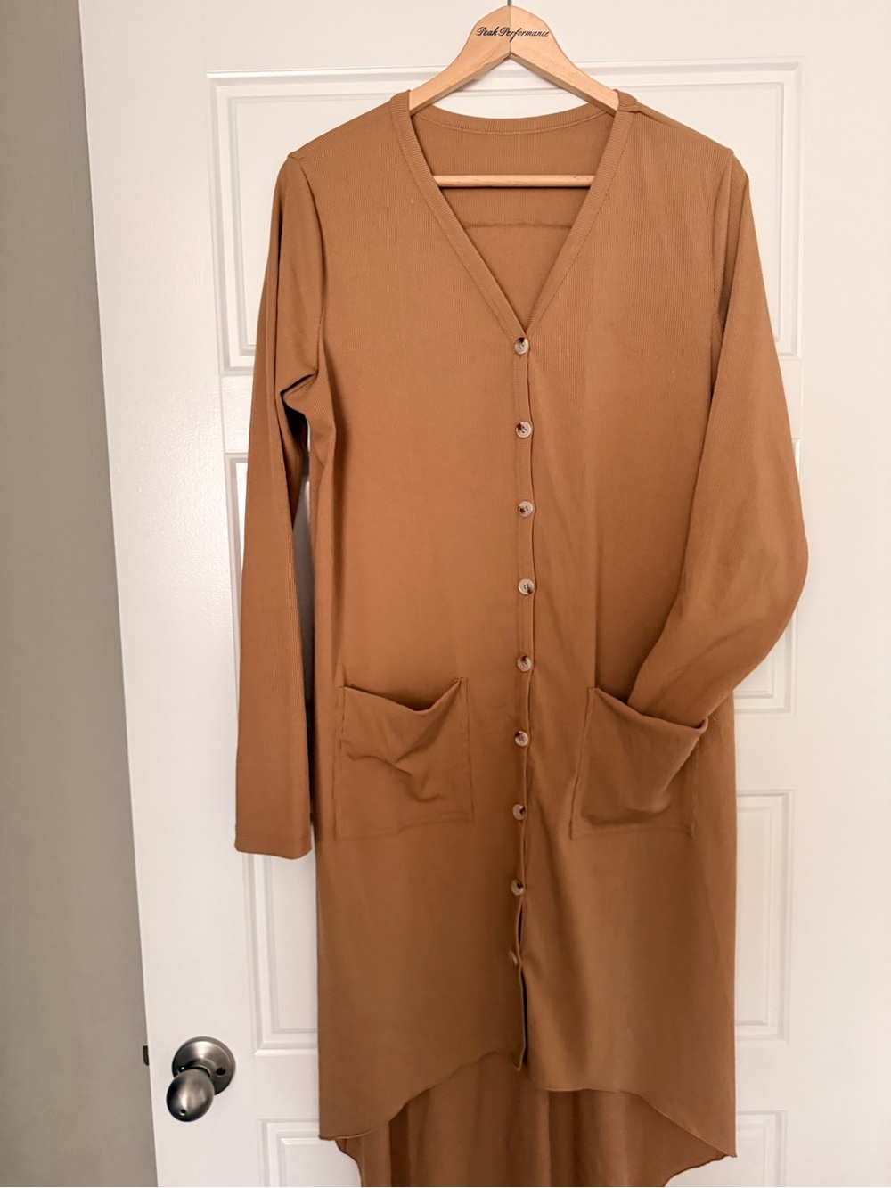 Long Button-Front Women’s Dress Cardigan in Camel